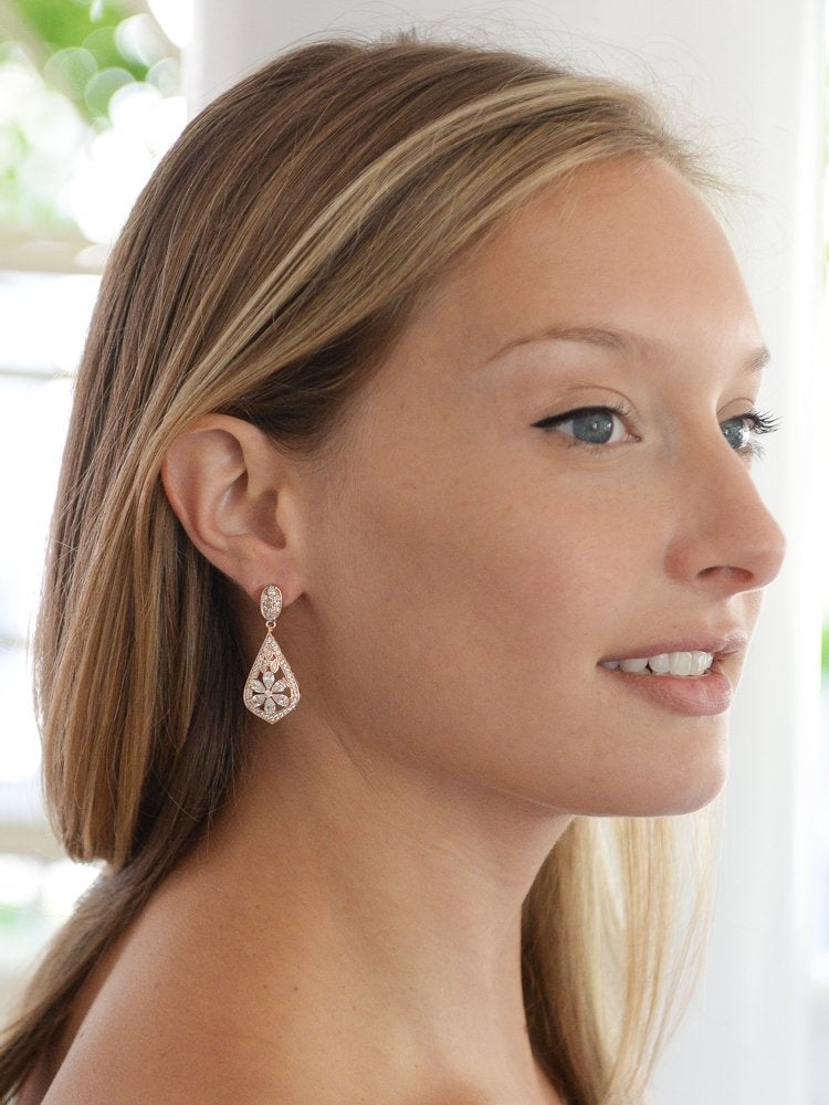 Mariell CZ Clip On Rose Gold Earrings - Art Deco Jewelry for Weddings, Bridal, Bridesmaids & Formals - Image 2